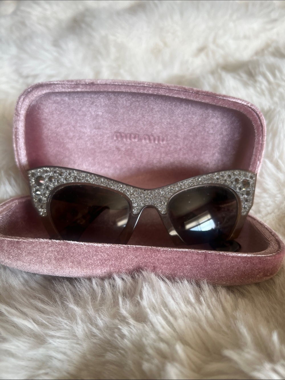 Miu Miu Crystal Embellished Cat Eye Sunglasses - Pink Case